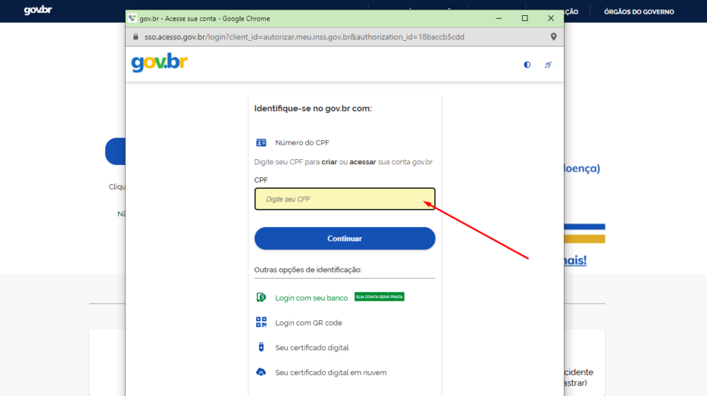 Popup com formulário para digitar o CPF para Cadastro Meu INSS